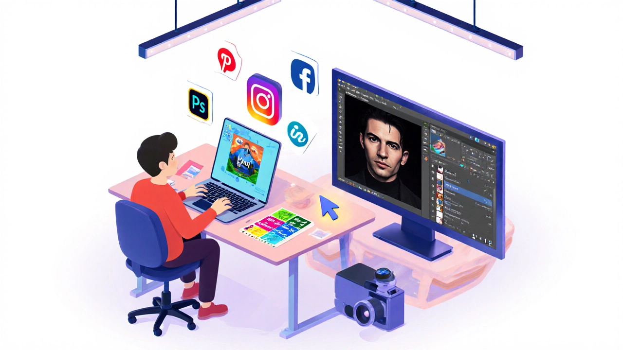 A marketer designing a social post in Canva next to a photographer retouching a RAW image in Photoshop.