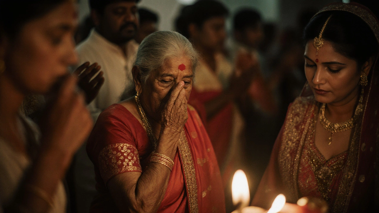 An elderly grandmother cries quietly during a wedding aarti, her dupatta slipping slightly.