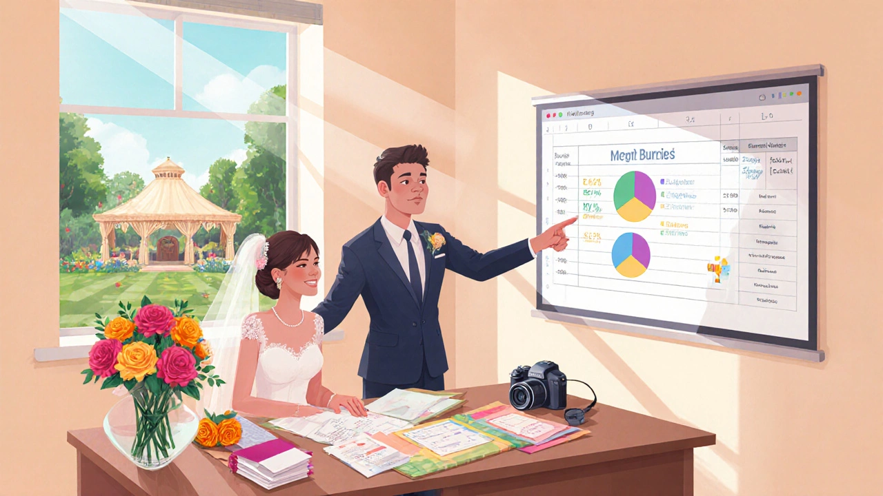 Bride, groom, and planner discuss budget with visual charts and wedding samples.