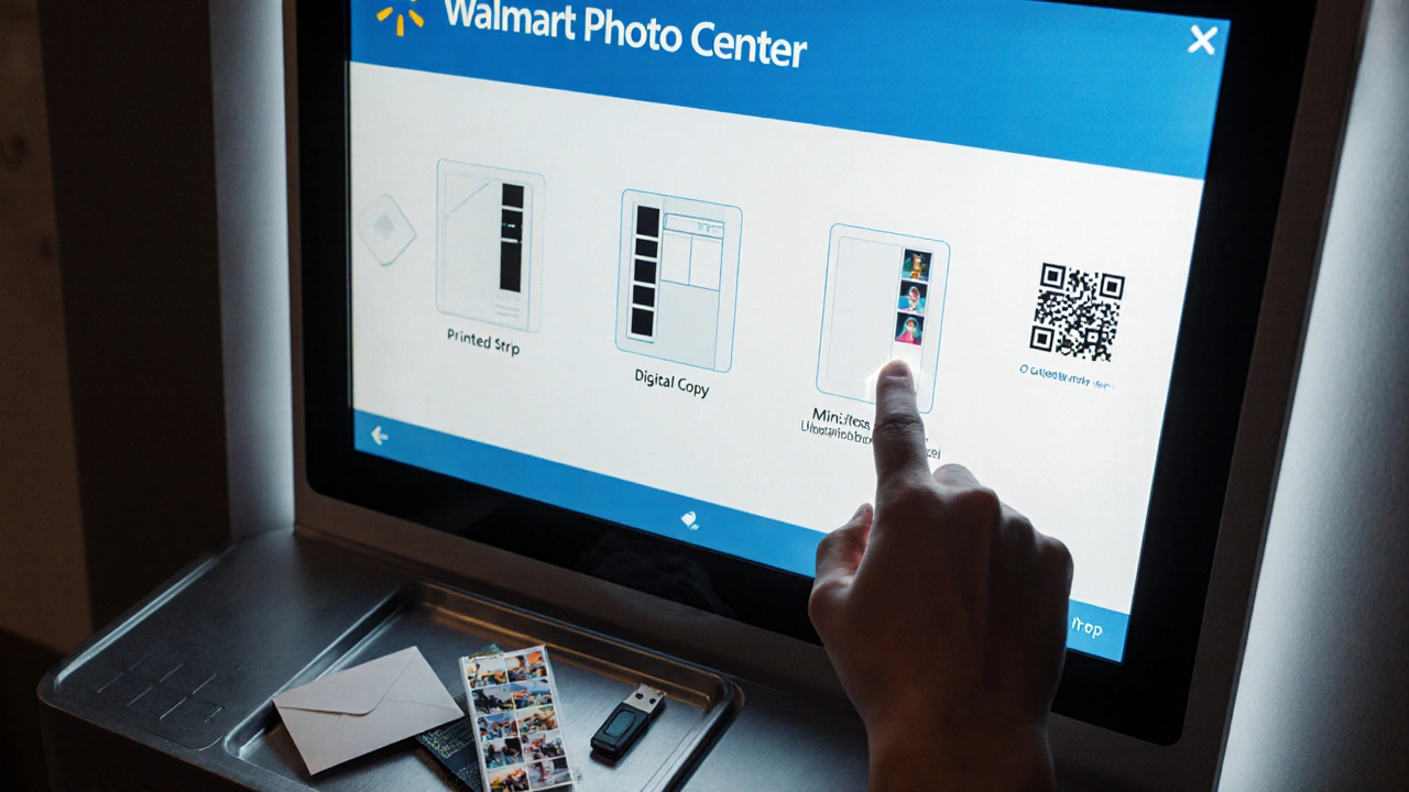 Close‑up of kiosk screen showing digital copy option, QR code, and printed photo strip beside a USB drive.