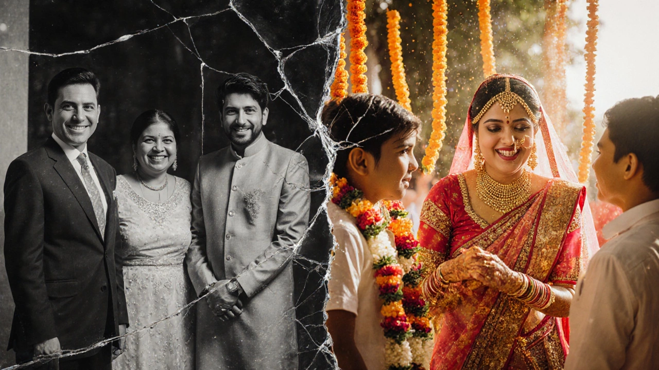 Contrast between stiff posed wedding photos and a candid moment of laughter and haldi spill.
