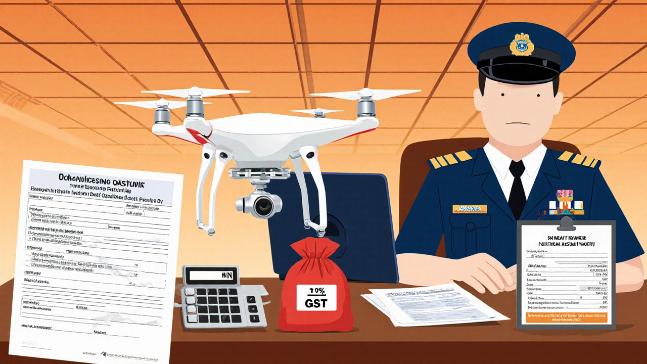 Customs officer checks a drone and import permit at Mumbai airport.
