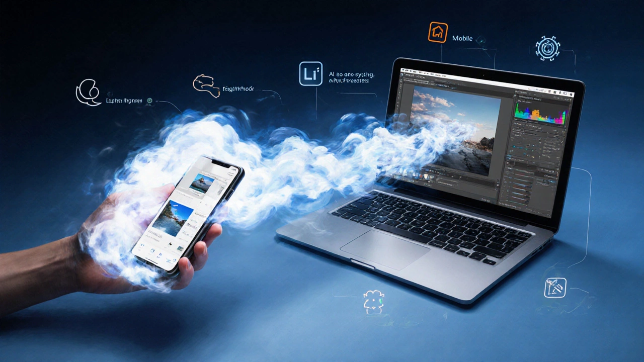 Digital painting of a photo syncing from Lightroom Mobile on a phone to Lightroom Classic on a laptop via a glowing cloud.
