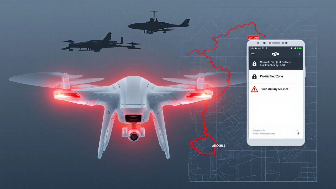 Drone flashes red LED and app warning while hovering near a restricted military zone.