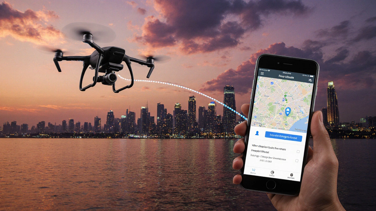 Drone flies over Mumbai dusk skyline after pilot obtains unlock permission on the DJI app.