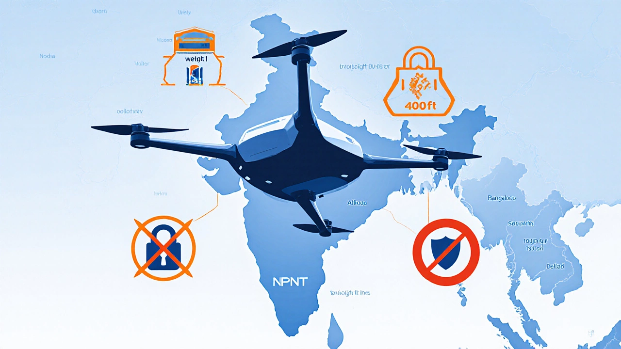 Drone hovering over a map of India with icons showing weight, altitude, and security rules.