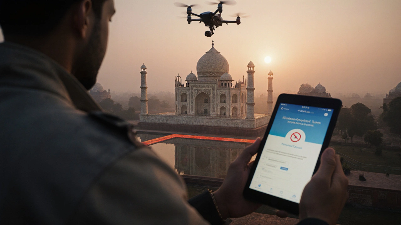 Drone hovers near the Taj Mahal at sunset with a no‑fly zone overlay.