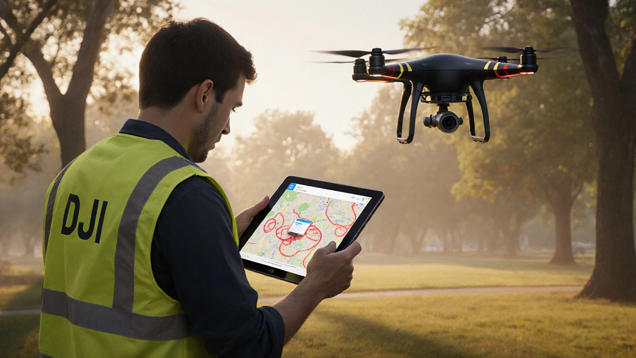 Drone pilot checking registration on a tablet while a DJI drone hovers in a park.