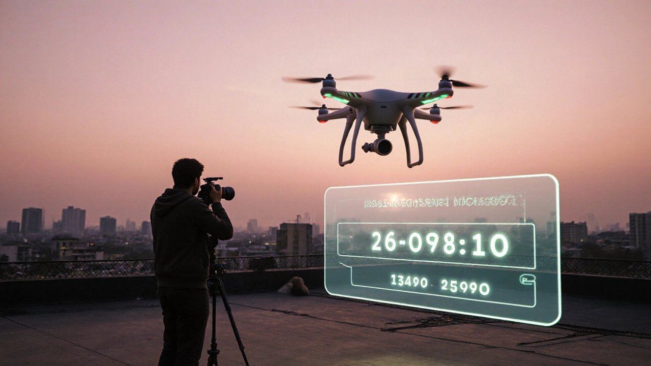 Drone taking off from a Bangalore rooftop at sunrise with a glowing permission code overlay.