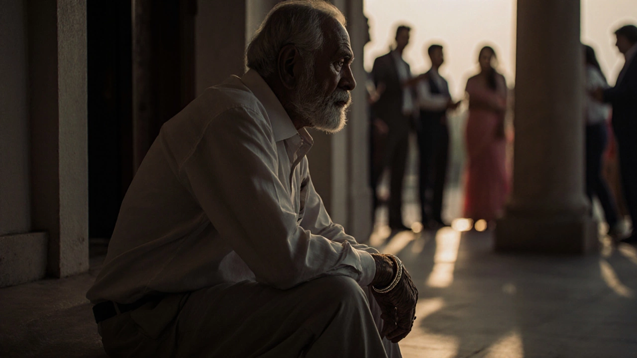 Elderly man sitting alone on a step, gazing at wedding festivities, soft light catching his bangle and wrinkled hand.