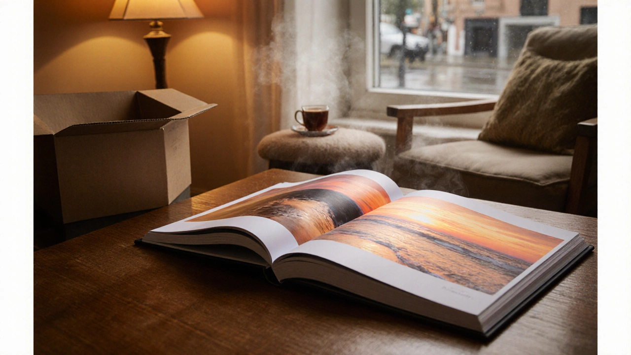 Finished photo book open on a wooden table near a cozy window seat, glowing with warm light.