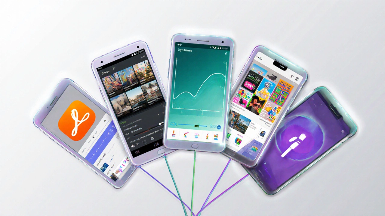 Flat illustration of five smartphones showing distinct editing tools for top photo apps.