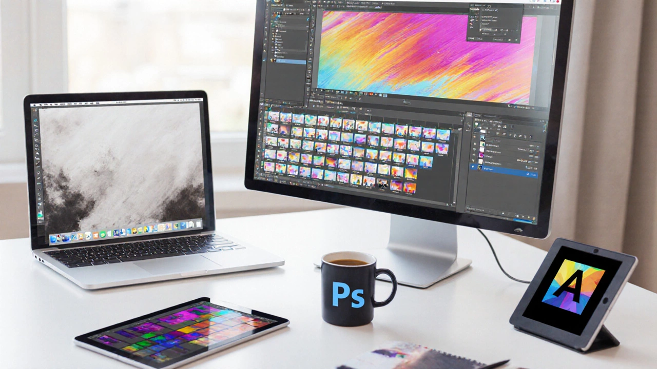 Flat lay desk with laptop, tablet, and monitor representing Photopea, Krita, GIMP, Paint.NET, Darktable.
