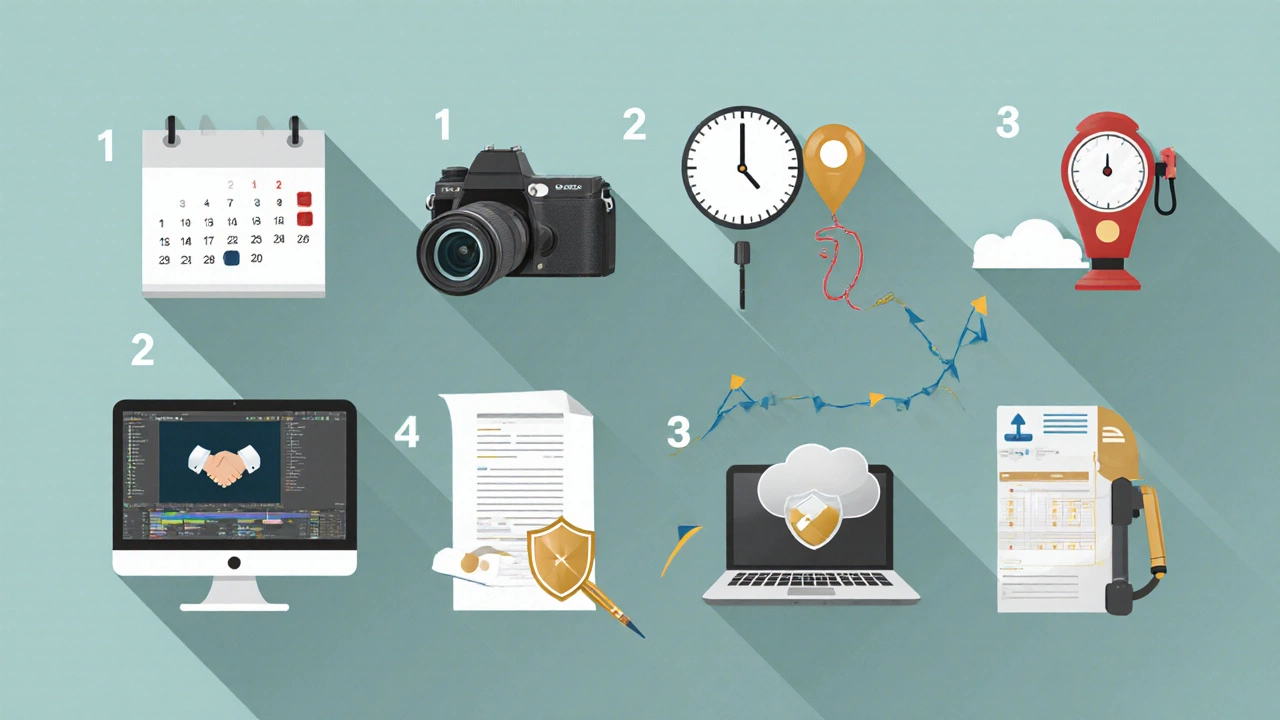 Flat‑lay illustration of photography cost items: camera, map, laptop, contract, shield, drive, invoices.