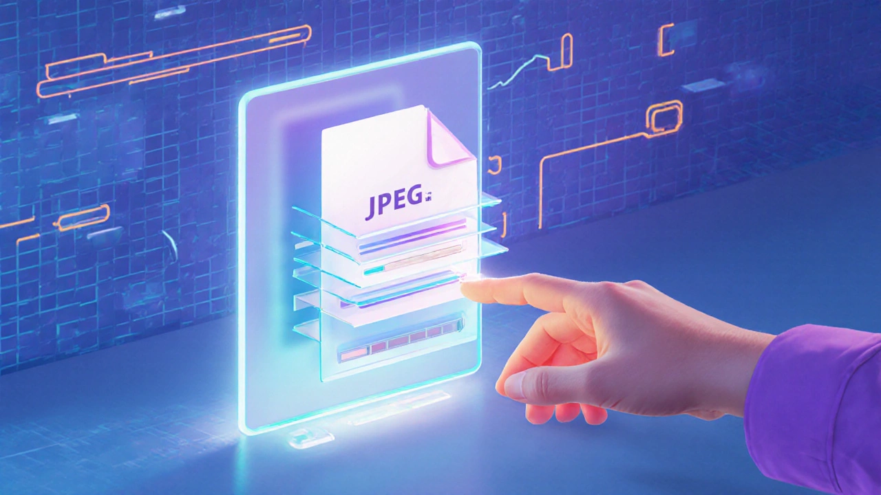 Hand pulling a JPEG into floating layers through a glowing portal, symbolizing first edit.