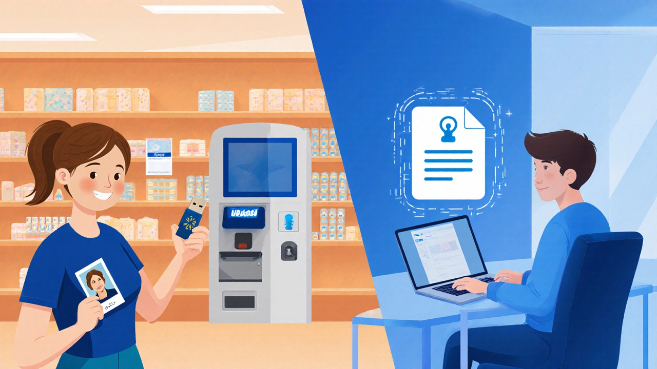 Illustration comparing Walmart kiosk photo service with an online home upload for passport photos.