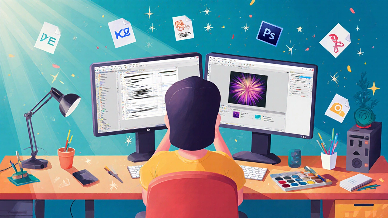 Illustration of a designer using GIMP layers on one screen and Photoshop Smart Objects on another.