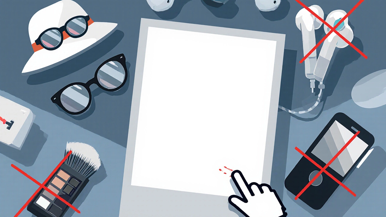 Illustration of a passport photo surrounded by crossed‑out glasses, hat, earbuds, makeup, and flash.
