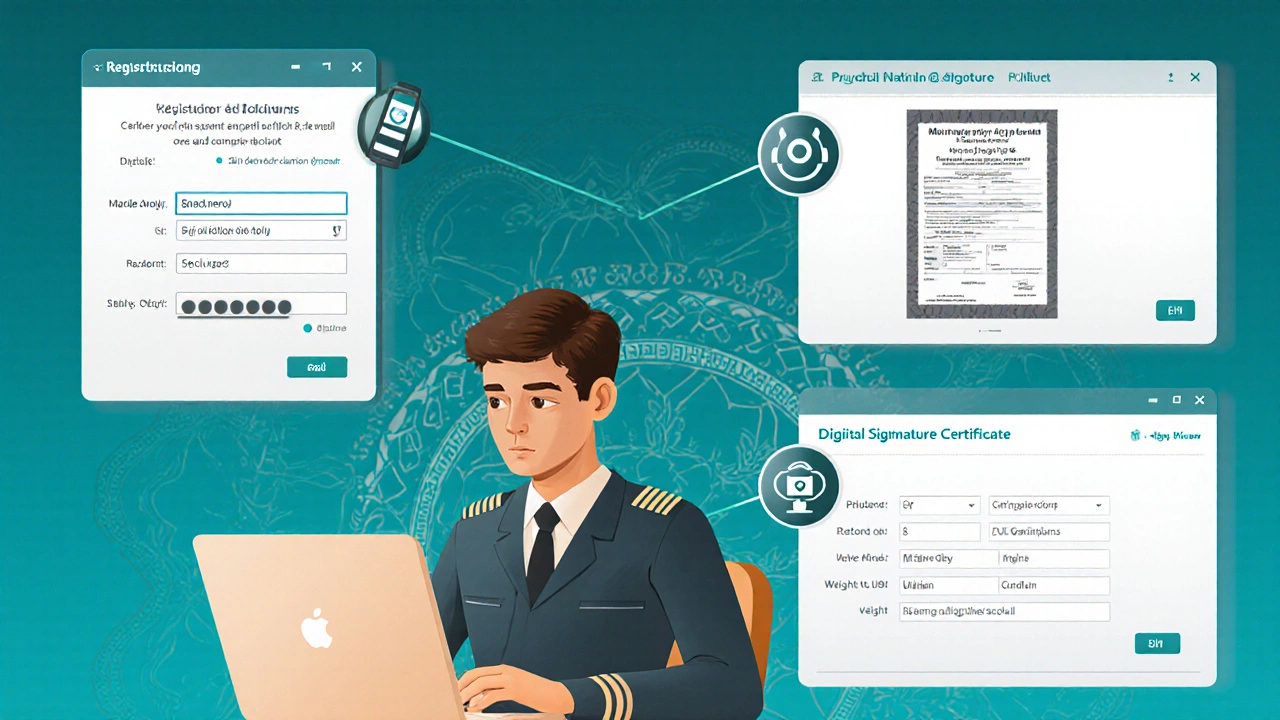 Illustration of a person registering a drone online, uploading documents and verifying OTP.