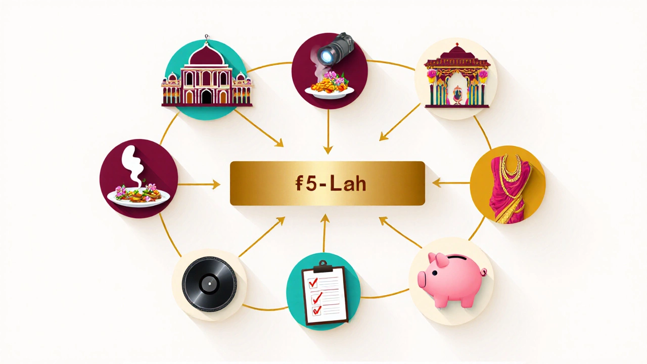 Illustration of wedding cost icons arranged around a central wedding band.