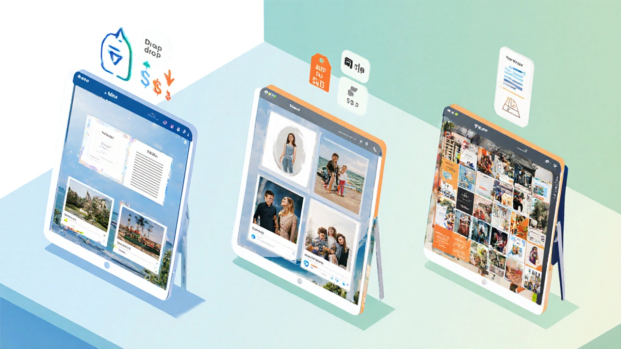 Isometric illustration of three tablets showing different photo‑book templates with UI icons.