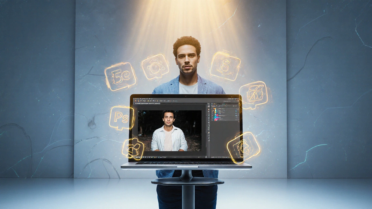 Photographer celebrating a finished edit with app icons hovering above the laptop.