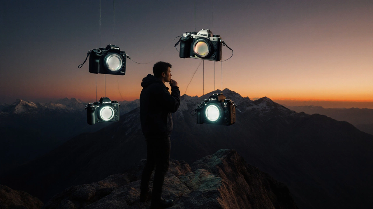 Photographer contemplating floating camera bodies on a sunrise mountain ridge.