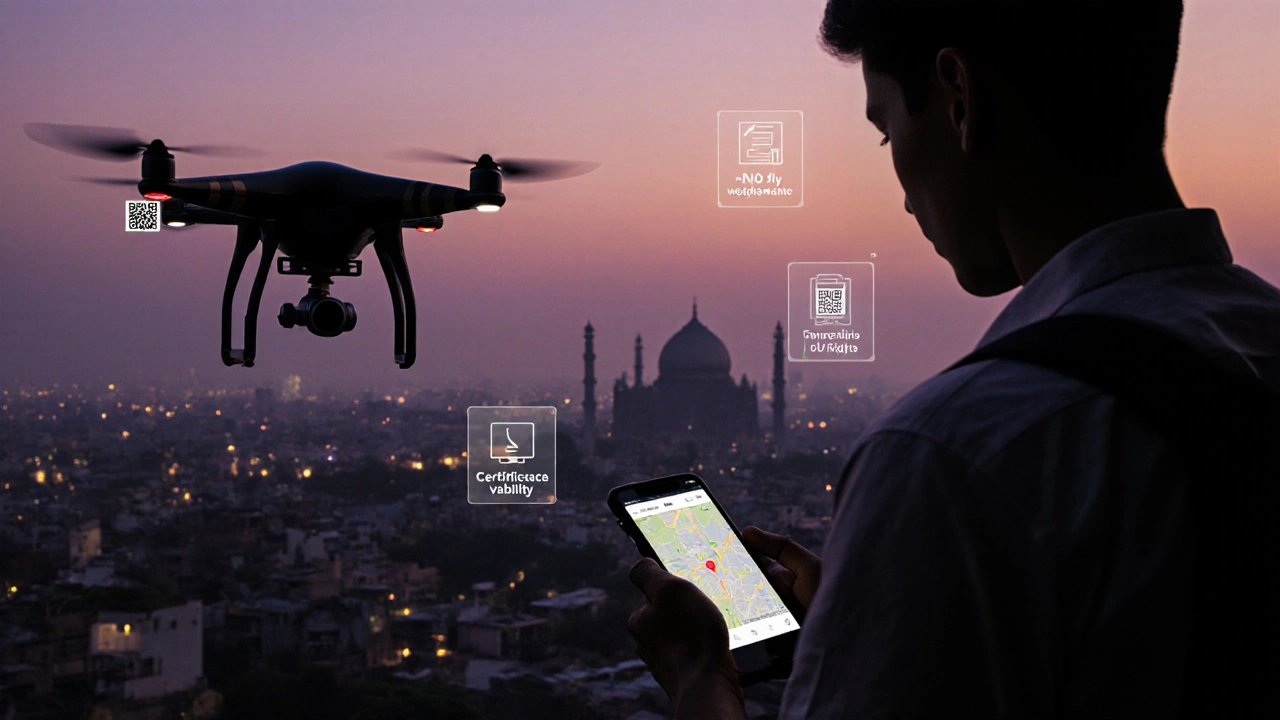 Pilot on a balcony at dusk preparing a QR‑stickered drone, checking a flight‑restriction map.