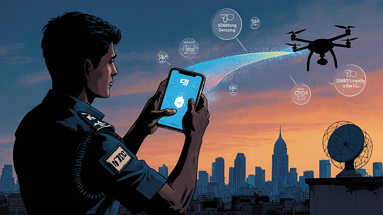 Police officer on rooftop using a scanner to trace a DJI drone&#039;s ID in the sky.