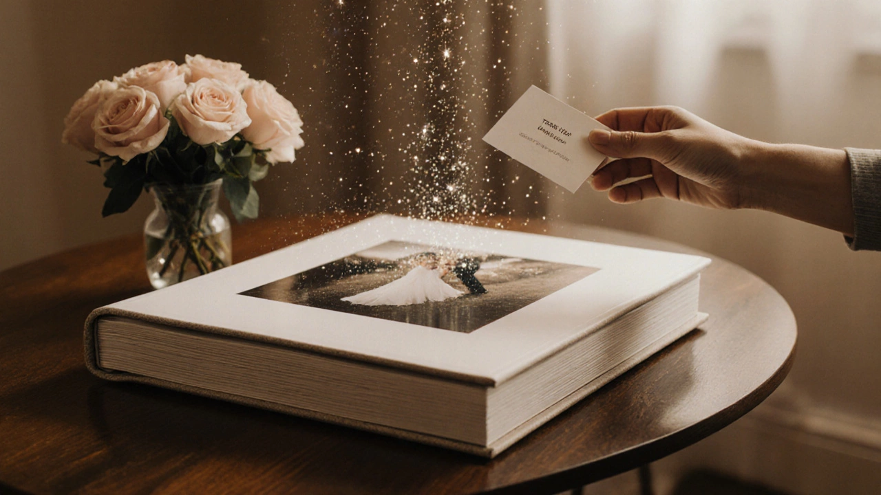 Soft scene of a photo album, sparkling notes, and a referral gesture showing gratitude.