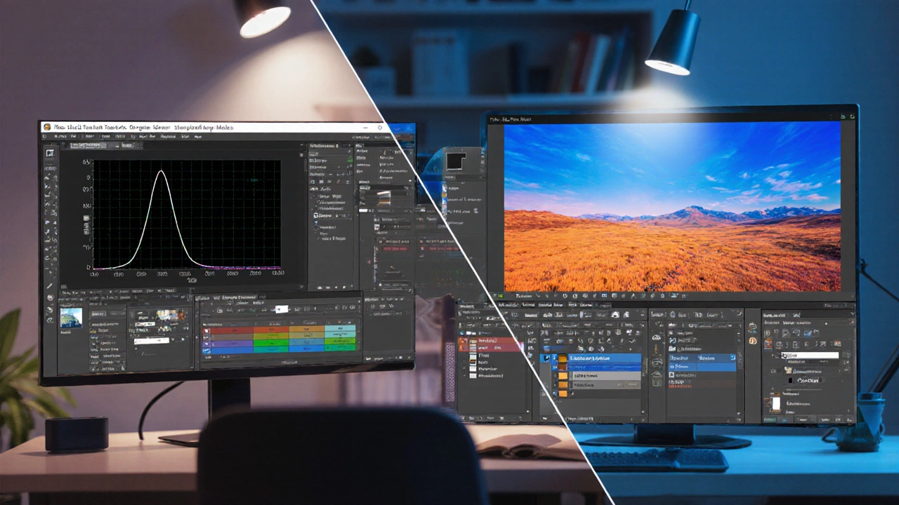 Split-screen view of Darktable and GIMP editing the same photo.