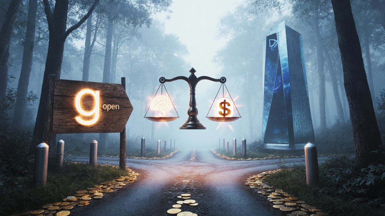 Surreal crossroads with a path for GIMP and a path for Photoshop, balanced by a scale of cost and features.