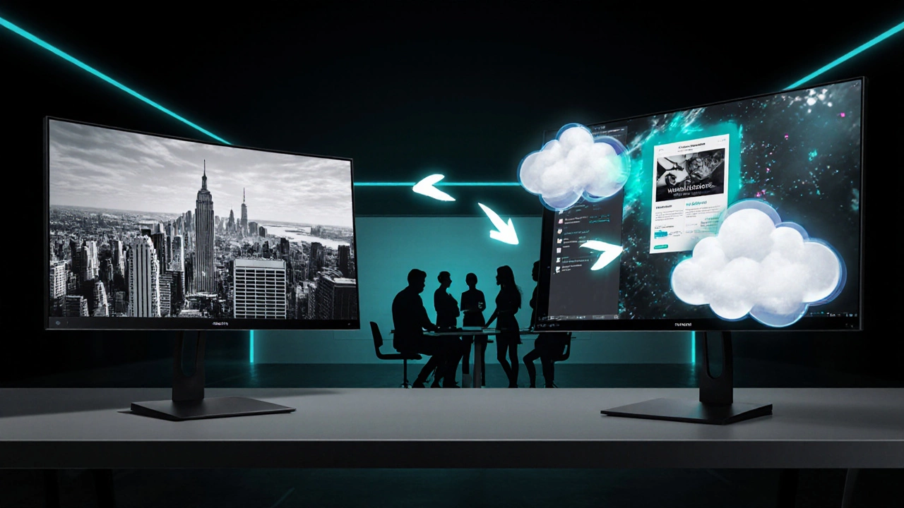 Two computer screens showing Photoshop and Canva with cloud arrows, illustrating a hybrid workflow.
