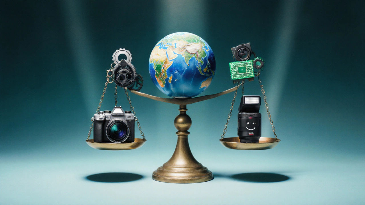 Visual metaphor of camera brand ranking criteria using scales and symbolic icons.