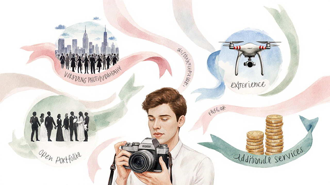 Watercolor scene with ribbons representing tip factors like city, crowd, and equipment.
