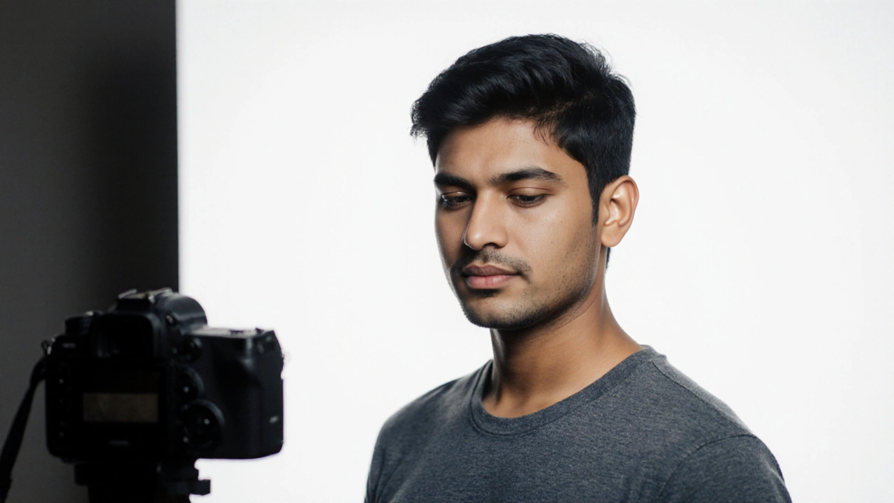 Well‑lit portrait of a neutral‑expression subject against a plain white background ready for a passport photo.