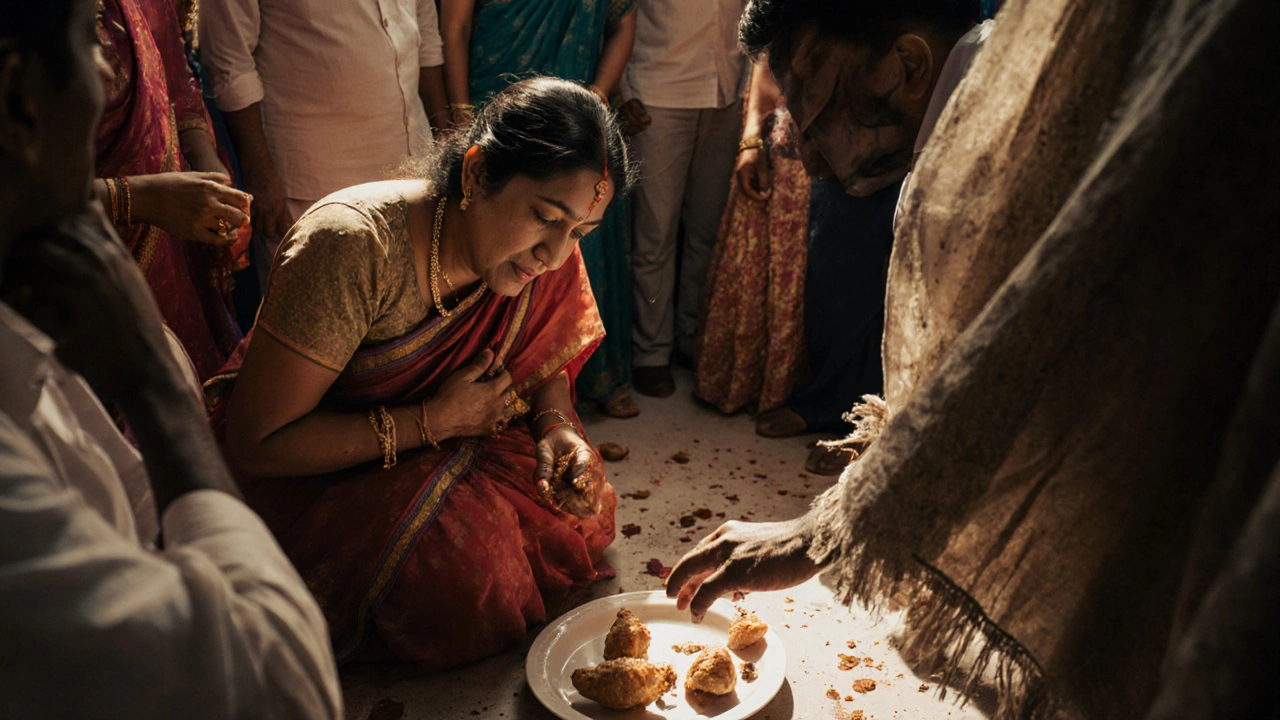 Woman laughing uncontrollably as brother steals a samosa, spilled chai on floor, natural light and fluttering fabric.