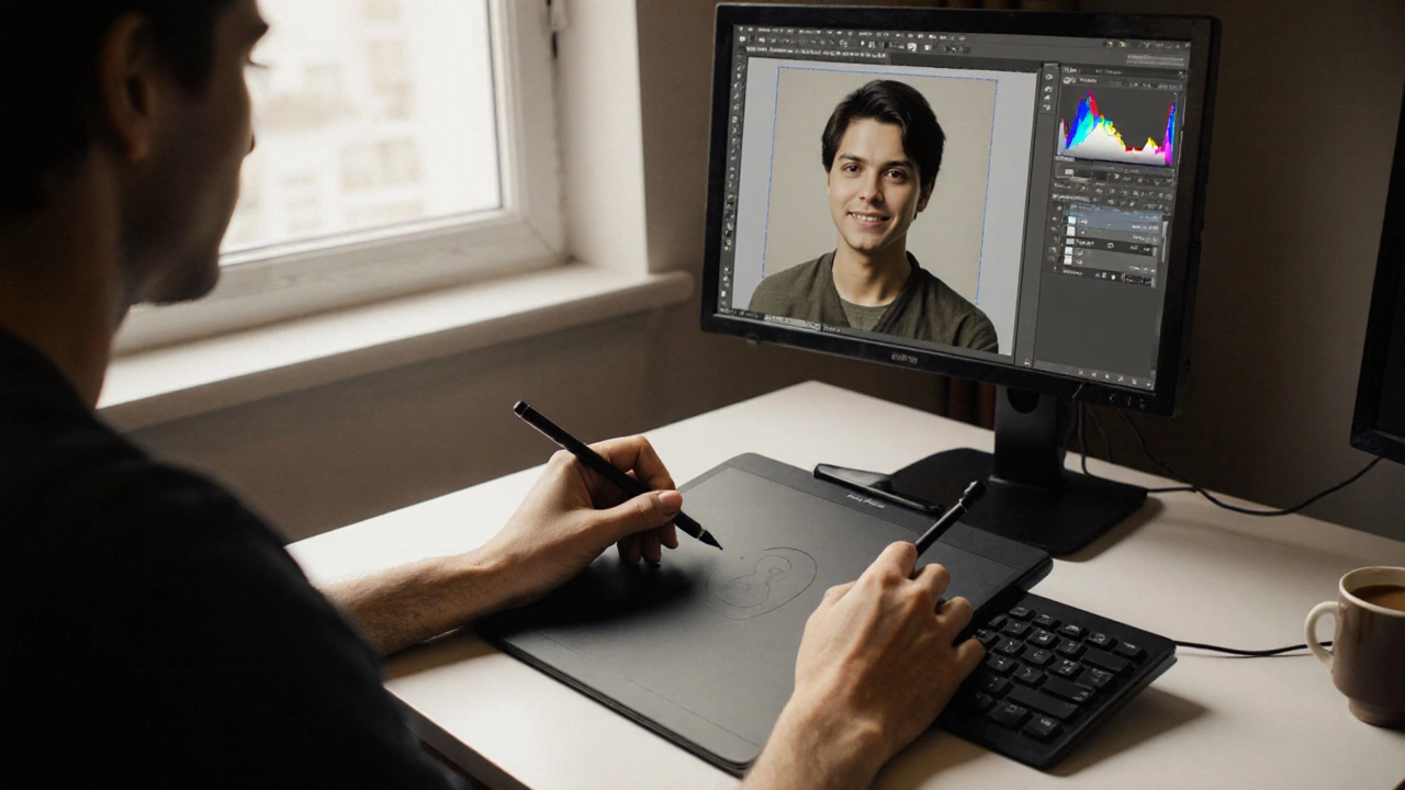 A hand editing a portrait in GIMP on a tablet, with layers visible on a monitor and a cup of chai nearby.