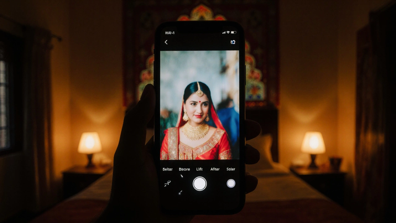 A mobile phone showing Snapseed editing a blurry wedding photo with before-and-after overlay in a warm Indian bedroom.