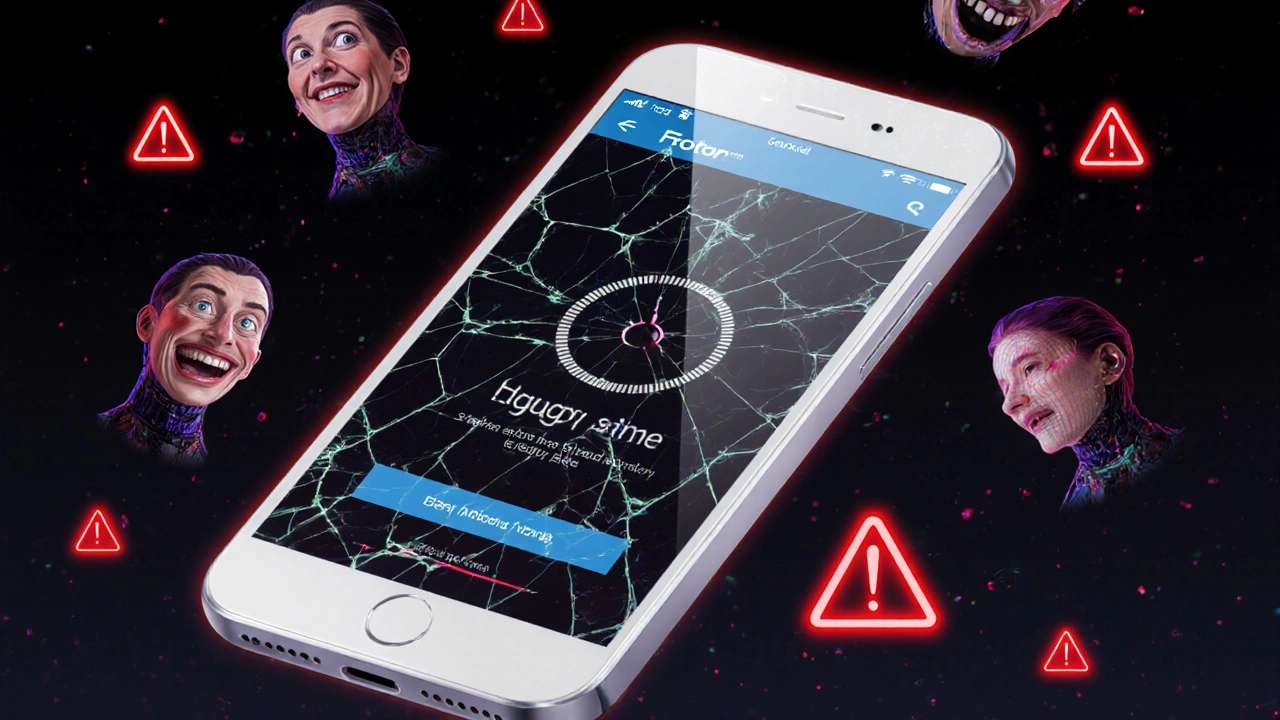 A smartphone screen showing Fotor&#039;s glitchy AI faces and loading spinner with warning icons.