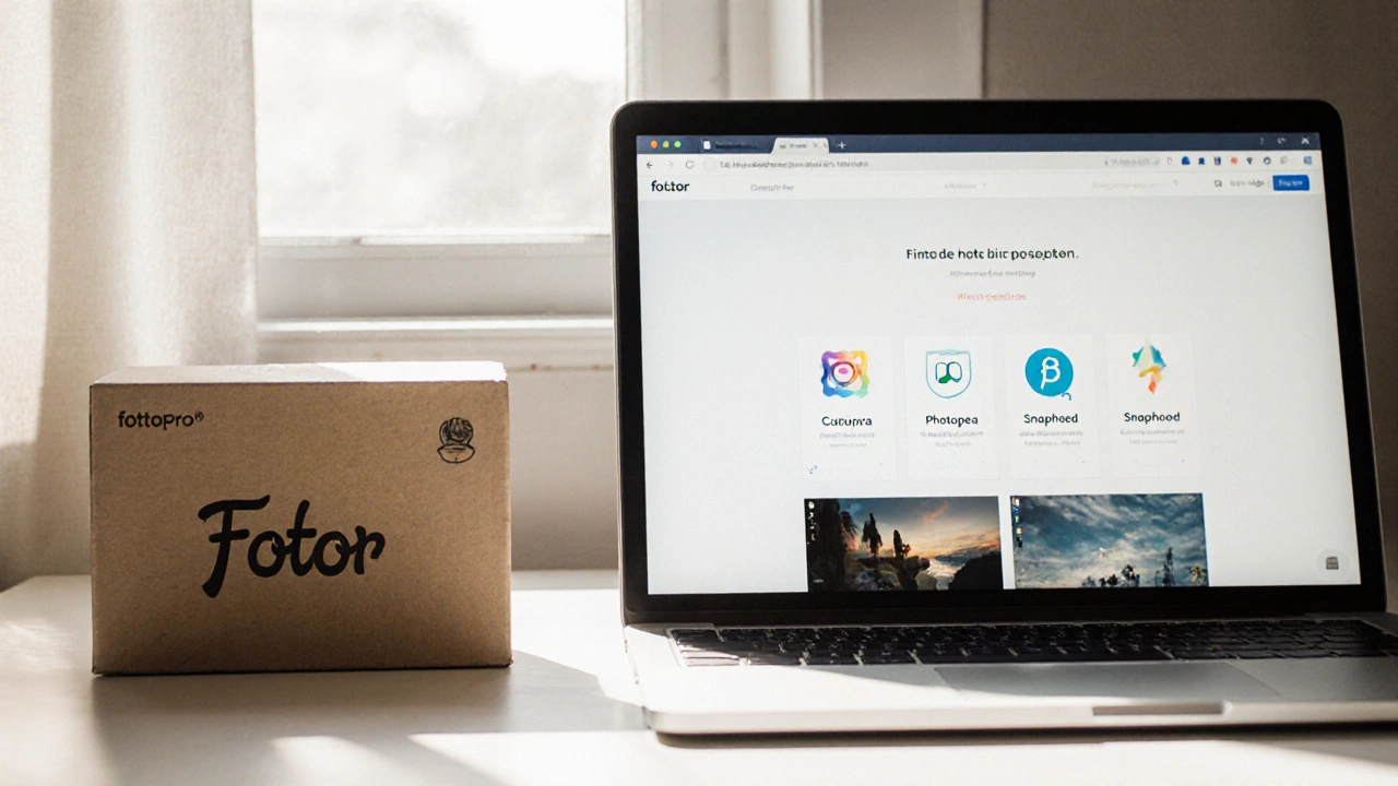 An empty desk with Fotor Pro box beside other editing apps on a laptop, a clean high-res photo in sunlight.