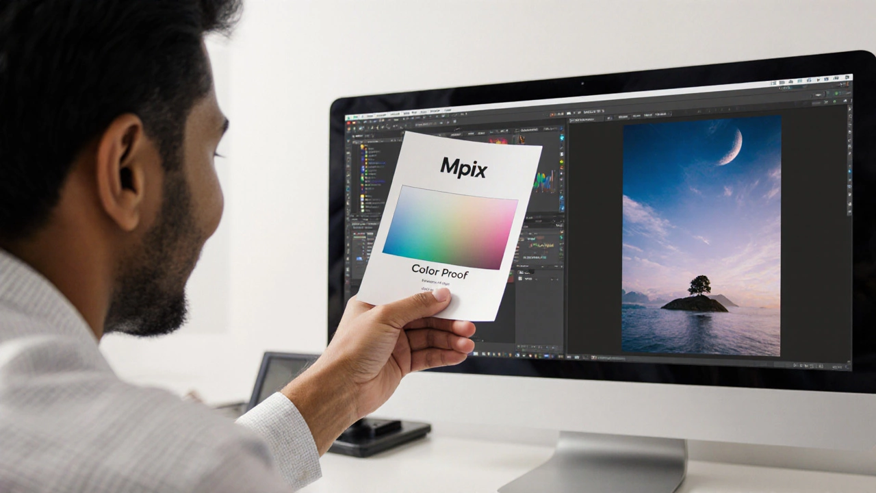 Color proof from Mpix matched to digital photo on monitor, photographer reviewing accuracy.