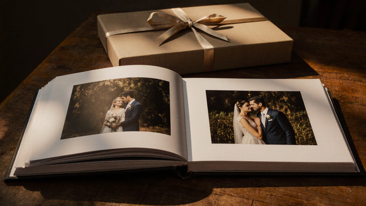 Luxurious Artifact Uprising wedding album with matte pages and ribbon tie on wooden table.