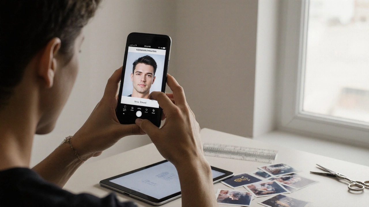 Person taking a passport photo at home using natural light and smartphone with approval app.