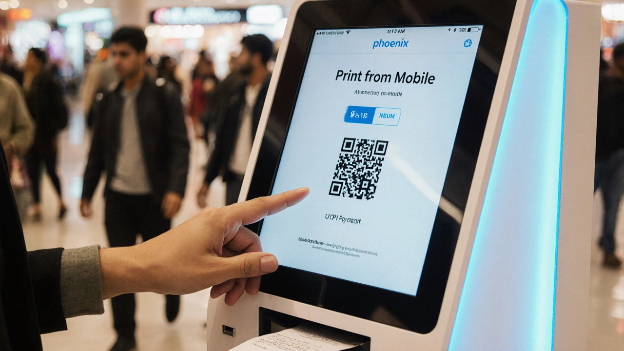 Person using a self-service print kiosk in a Mumbai mall to print an email.