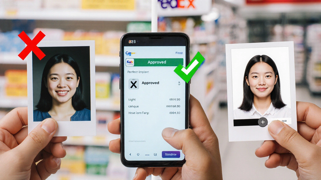Side-by-side comparison of rejected and approved passport photos with app verification.