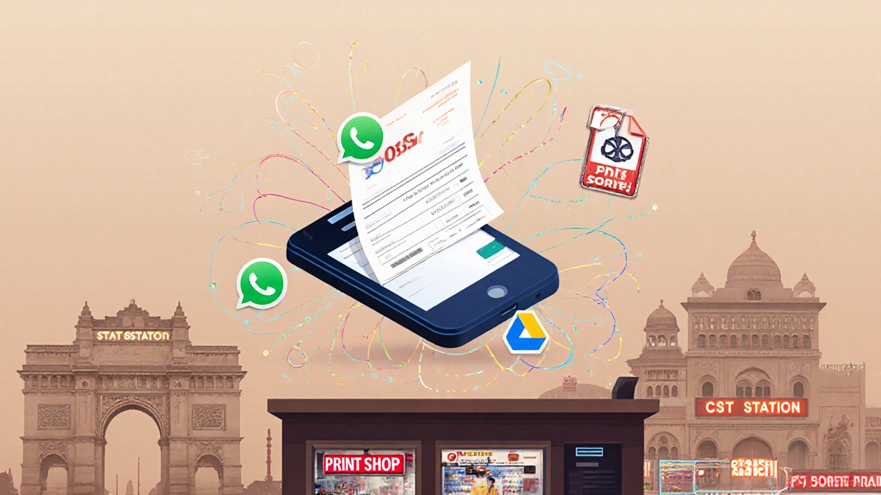 Smartphone connected via digital icons to a printed email and Mumbai print shop.