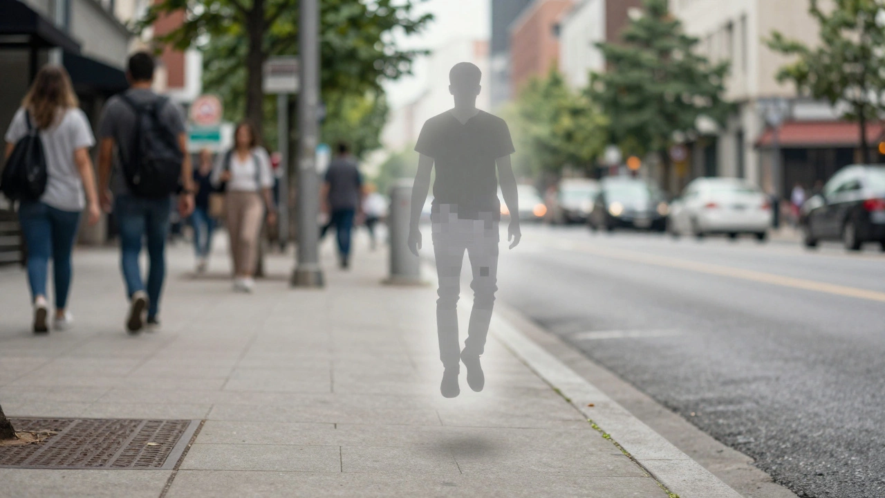 A person isolated as a transparent figure above a digitally repaired street scene after background removal.