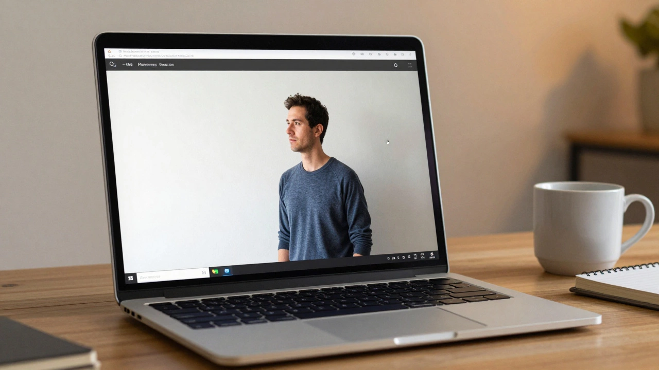 A person using the Clone tool in Photoscape X on a desktop to erase someone from a wall background.