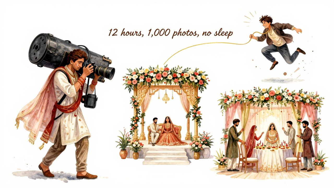 A photographer moves through three wedding venues, capturing emotional moments under golden light.